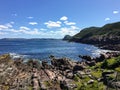 A view of the rocky shoreline along the east coast trail the vast Atlantic while hiking outside of St. JohnÃ¢â¬â¢s, Newfoundland a Royalty Free Stock Photo